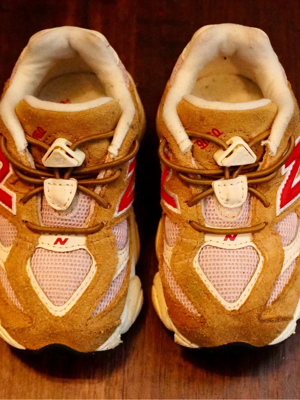 New Balance Tan and Pink Kids Sneakers with Red Logo
